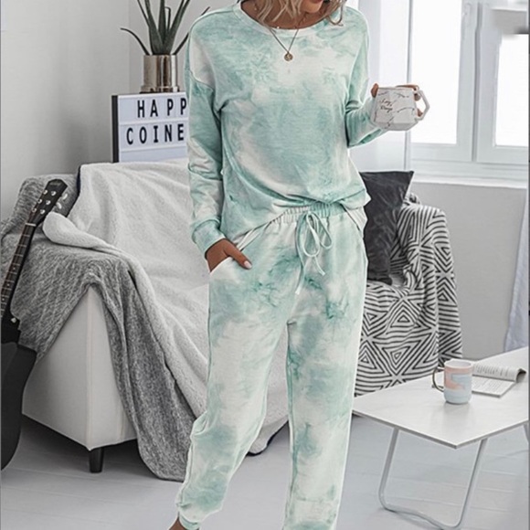 Pants - Tie Dye Jogger Lounge Set in Mint Green and White